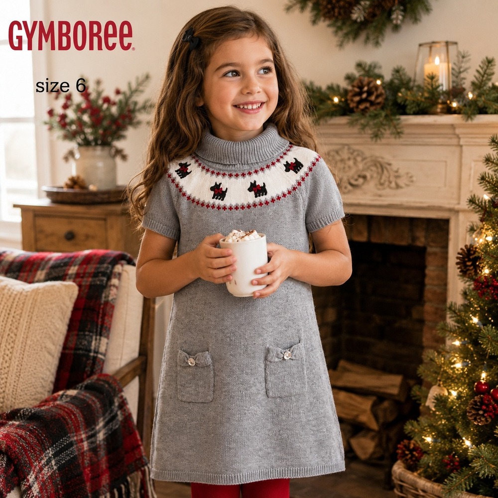 Gymboree Sweater Dress Girls 6 Grey Scottie Dog Fair Isle Knit Pockets Vintage